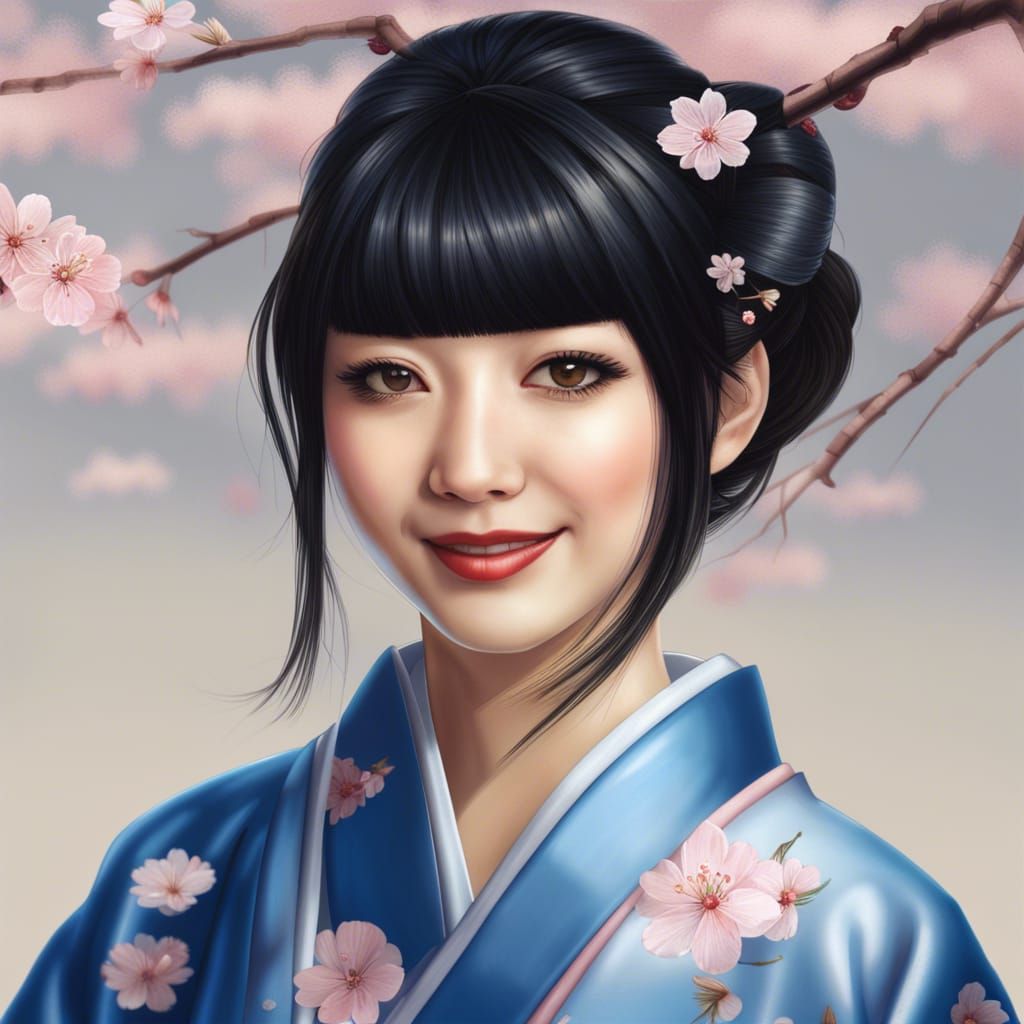 Woman in Blue Kimono Among Cherry Blossoms