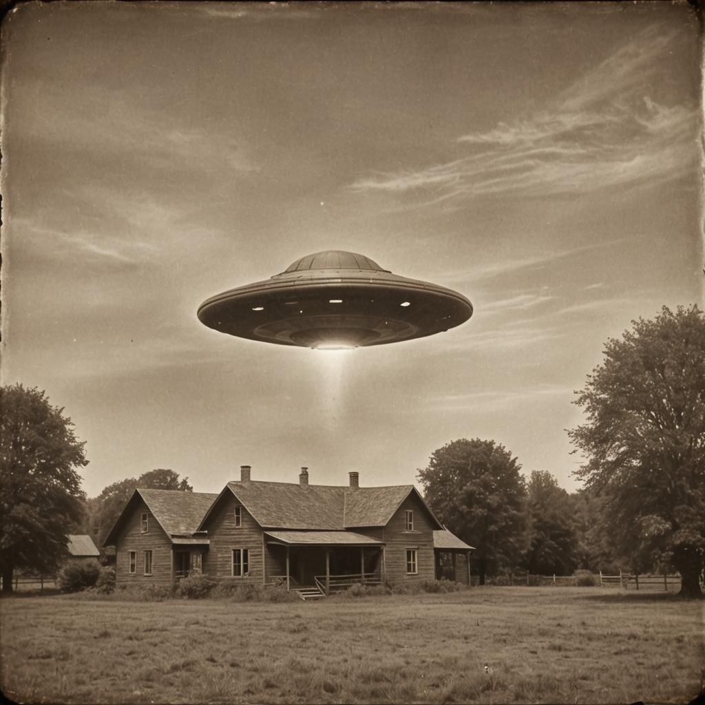 UFO Portrait Outside Farm in Sepia