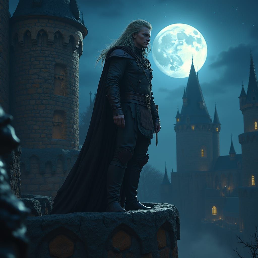 Mystical Rogue Towers Over Castle Town Under Silvery Moonlig...