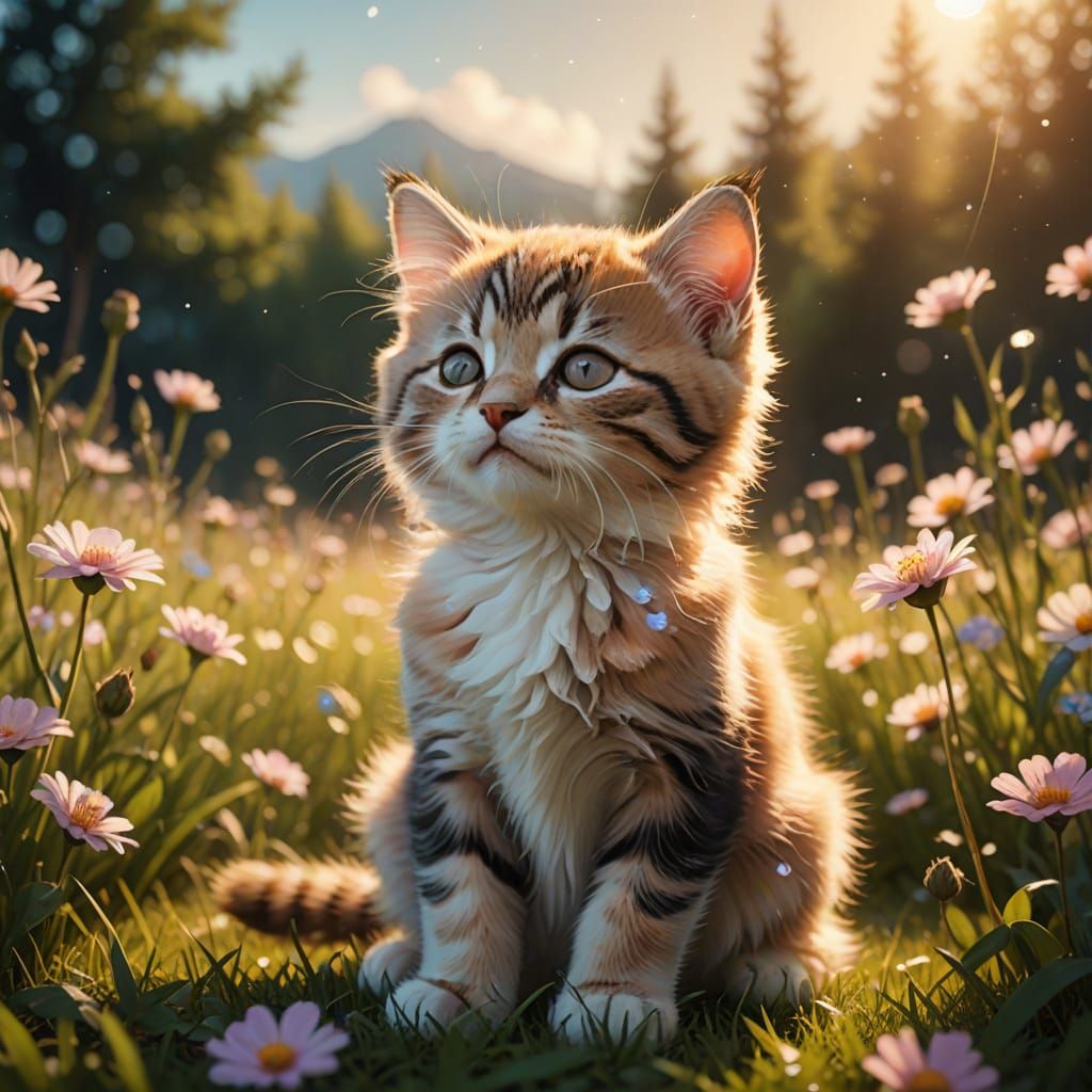 Fluffy Kitten Meditates Levitating Over Flower Field