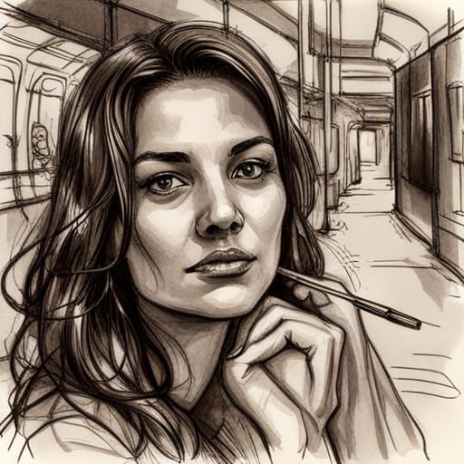 Subway Woman: Detailed Urban Sketch in Black Ink