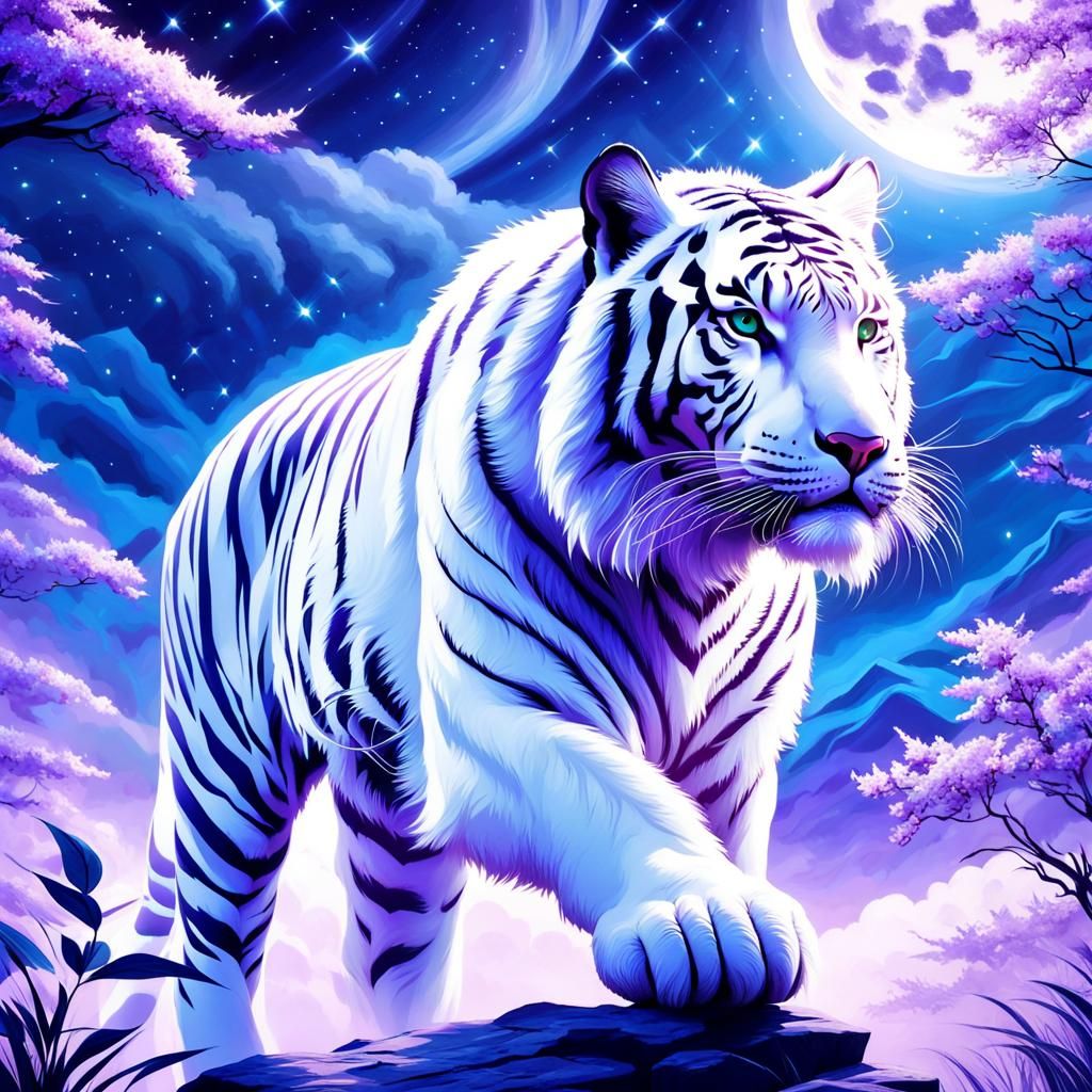 Fantasy White Tiger Under Starry Night Sky