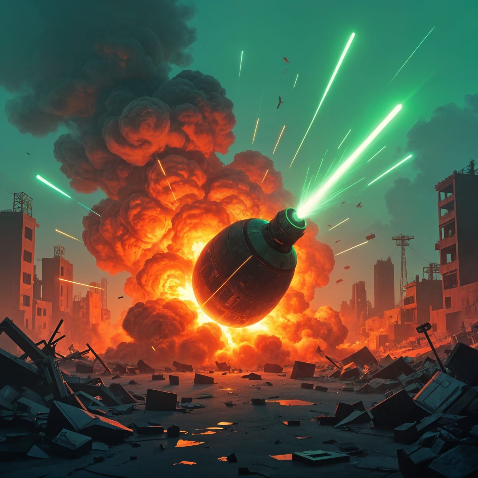 A bomb exploding with neon orange and green flames turning t...