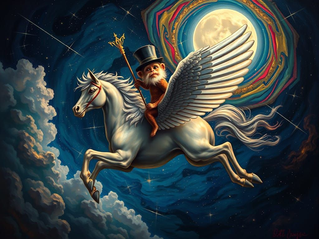 Surreal Jester Monkey Soars on a Majestic Pegasus in a Dream...