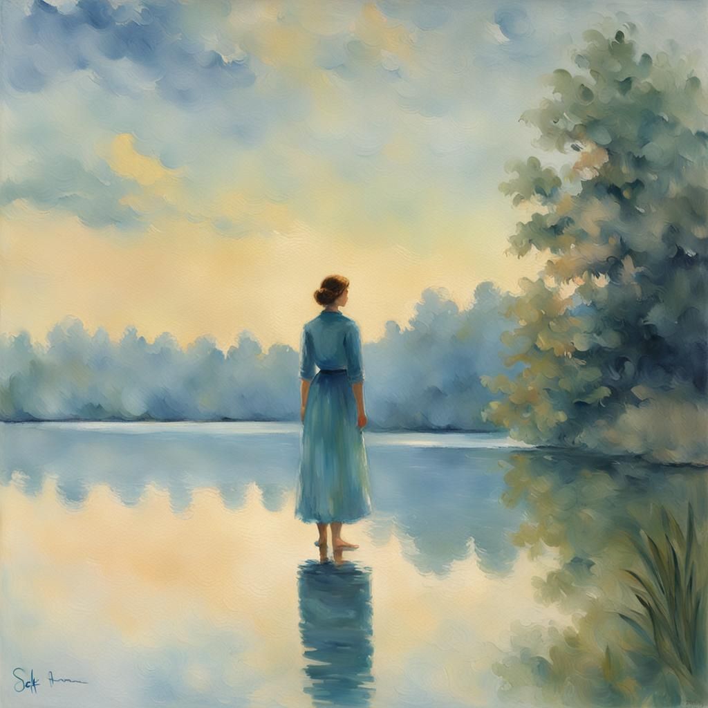 Impressionist Woman Gazing at Lake Reflection