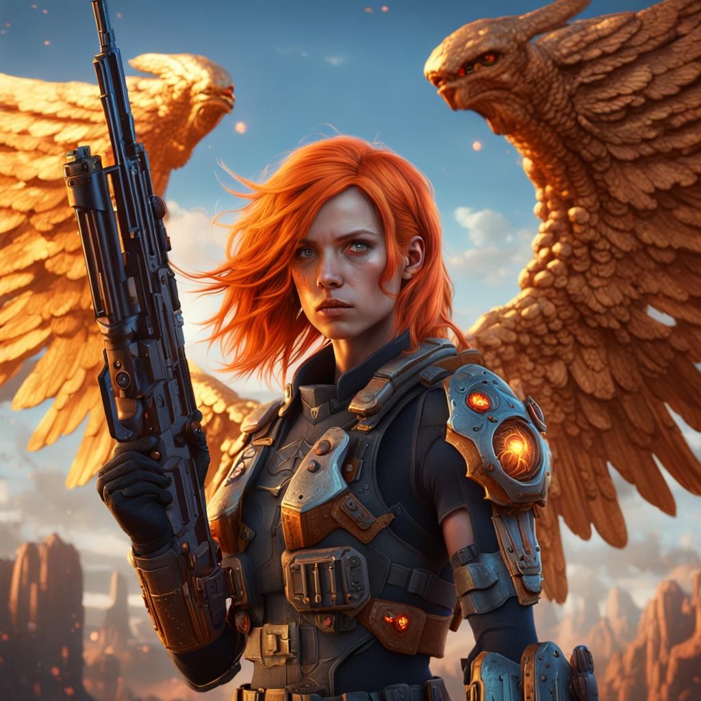 Angel Gunslinger with Fiery Hair, Detailed Matte Painting