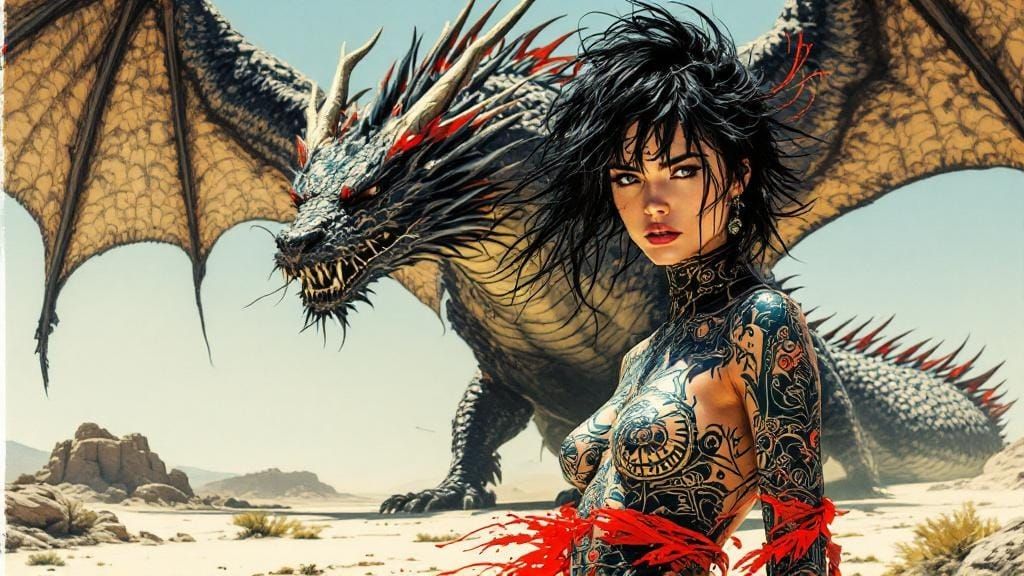 Dragon Rider in Desert, Punk Zine Art Style