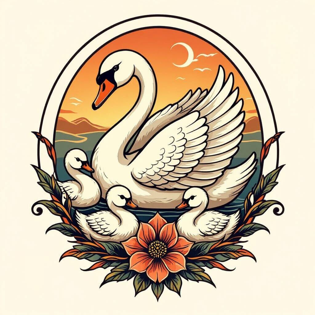 Swan and Cygnets Neo-Traditional Tattoo Design