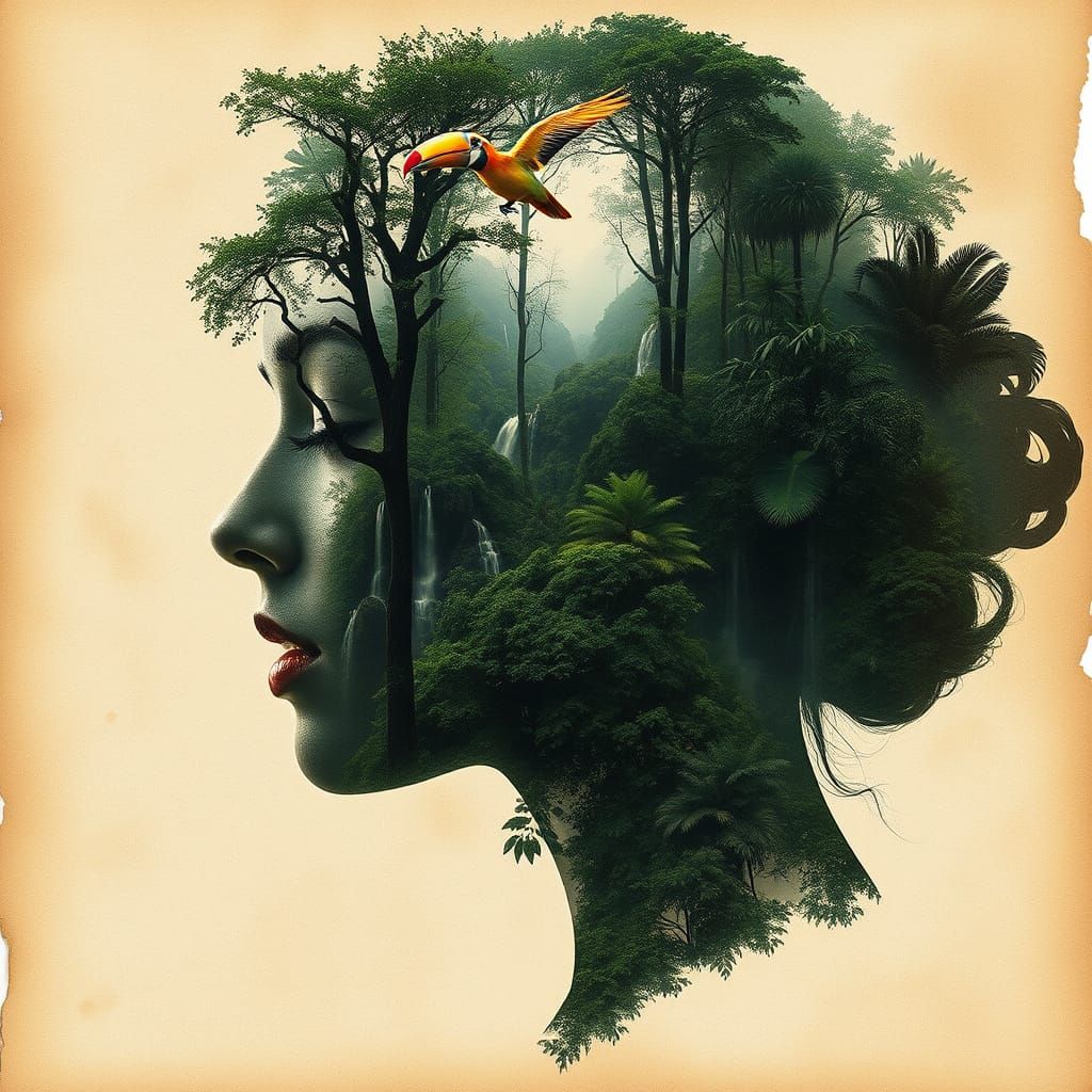 Surreal Double Exposure Art of Woman in Rainforest on Textur...
