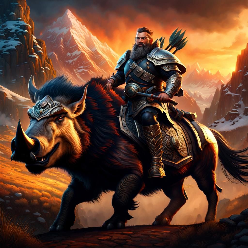 Epic Dwarven Ranger on Dire Boar: Cinematic Matte Painting