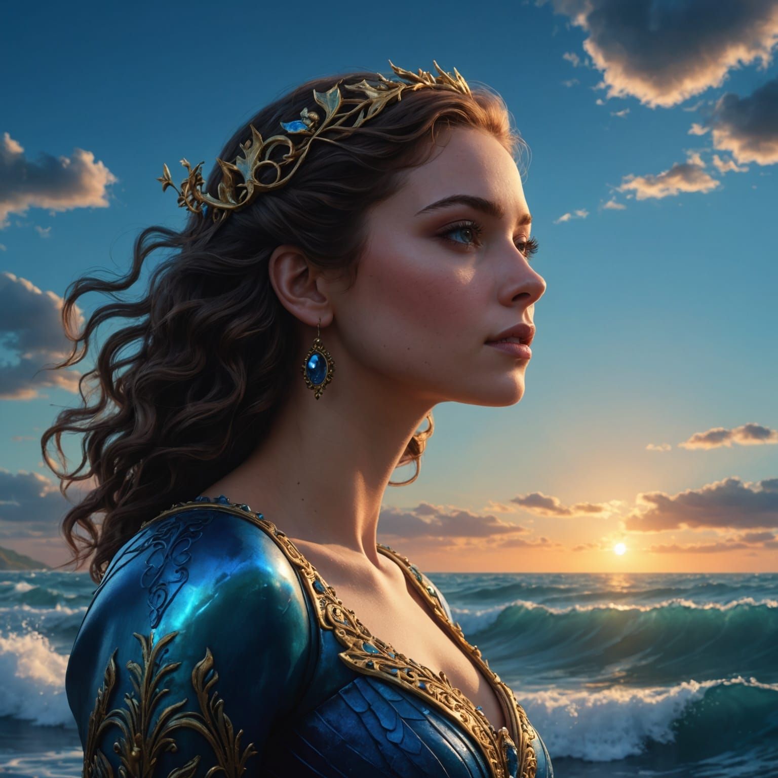 Girl Gazing at Sunset with Phosphorescent Waves