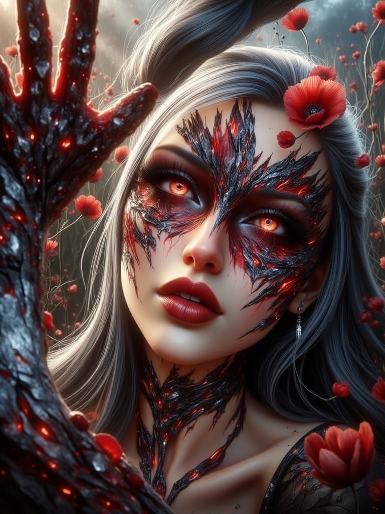 Romantic Woman in Red Dress Among Poppies