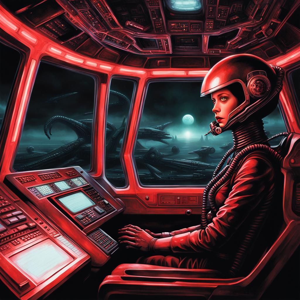 Cyberpunk Pilot in Giger-esque Spaceship Cockpit
