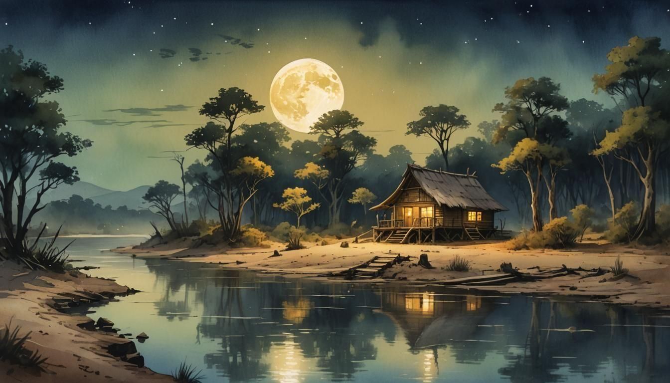 Watercolor Hut in Forest with Moon at Dusk