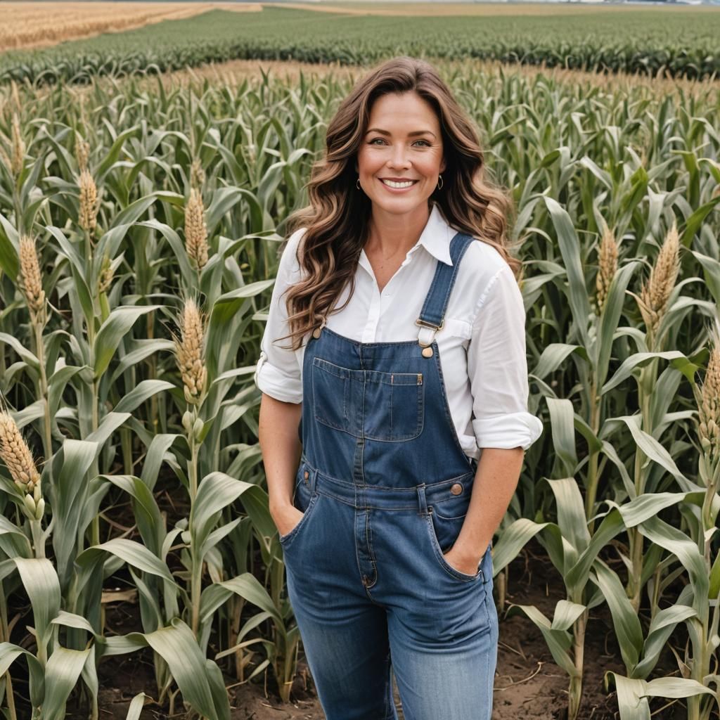 Brunette Woman in Overalls Standing in Cornfield