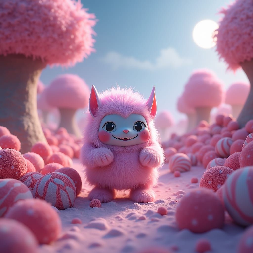 Cute Monster in Whimsical Candy Land, Dreamy Pastel Art