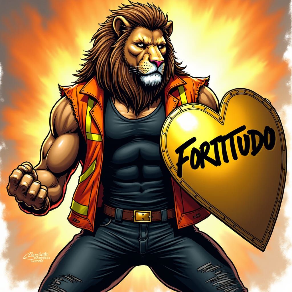 Lion Warrior with Golden Shield in Comic Art