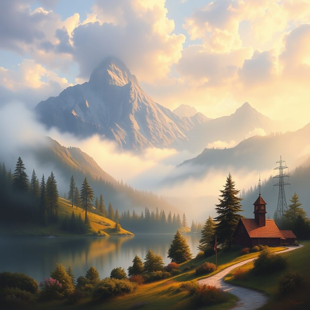 Misty Mountain Landscape in Soft Realism Style