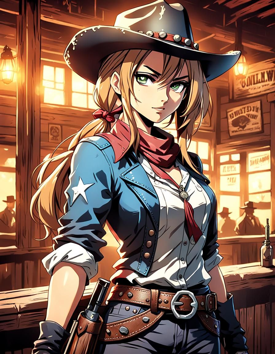Anime Cowgirl Gunslinger in Wild West Saloon