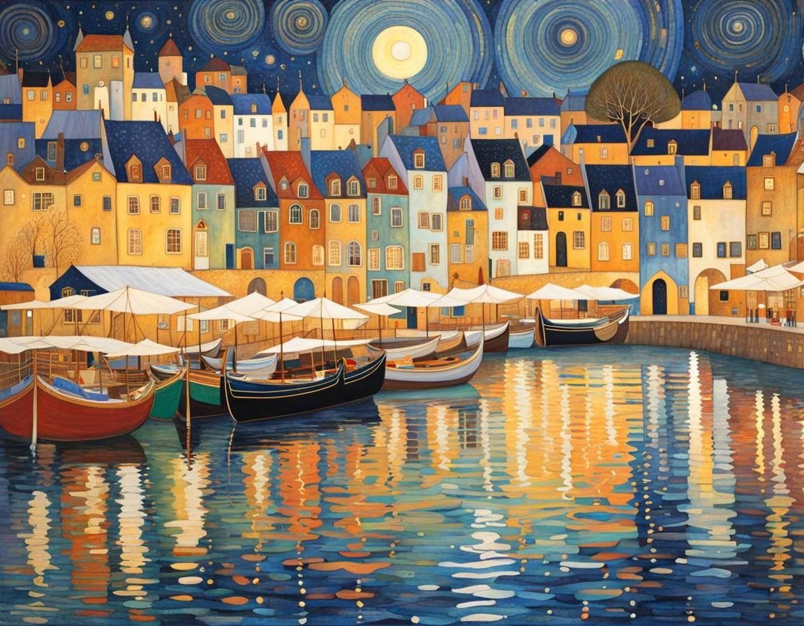 Medieval Port Town Under Starry Sky, Klimt Style