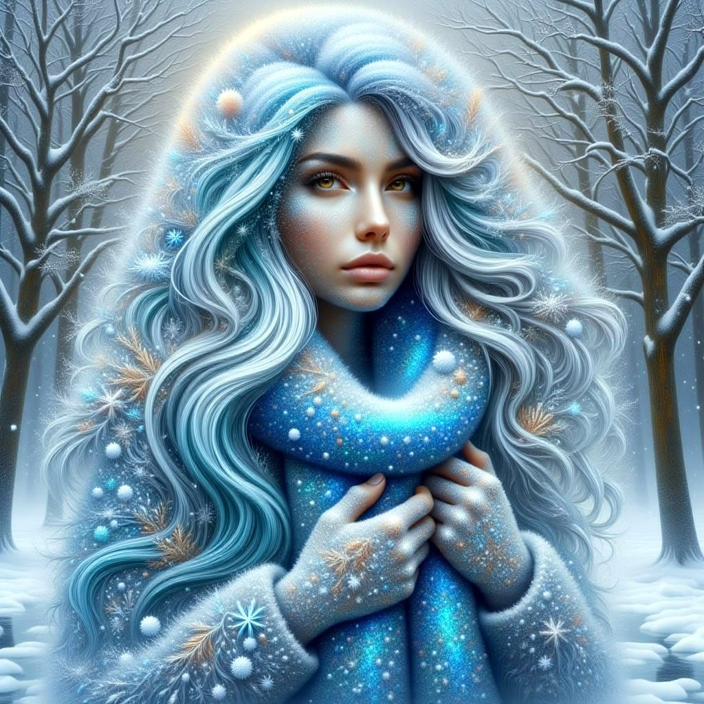 Surreal Winter Goddess in Glowing Snowflakes
