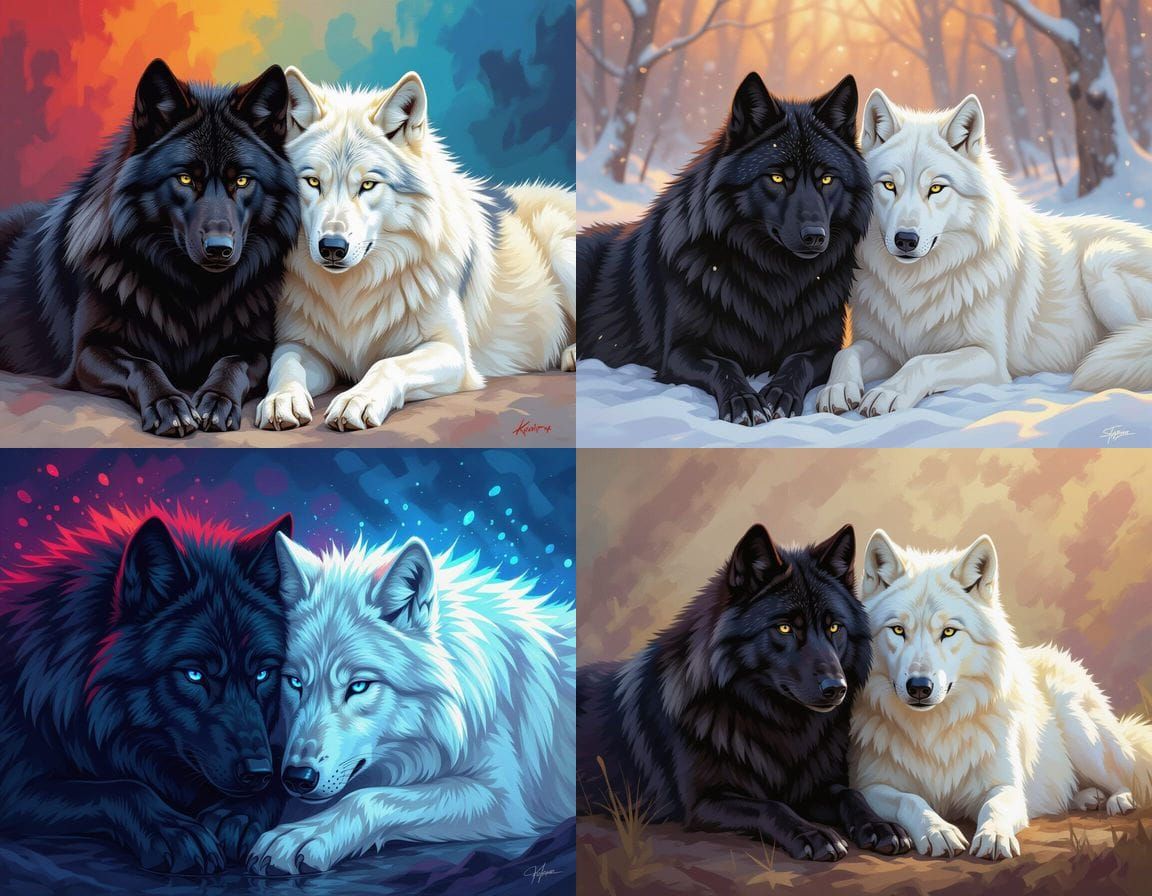 Black and White Wolves Side By Side