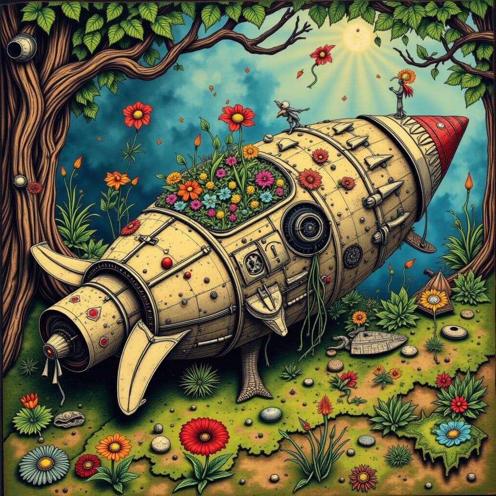 A weathered, whimsical, dilapidated antique rocket ship…