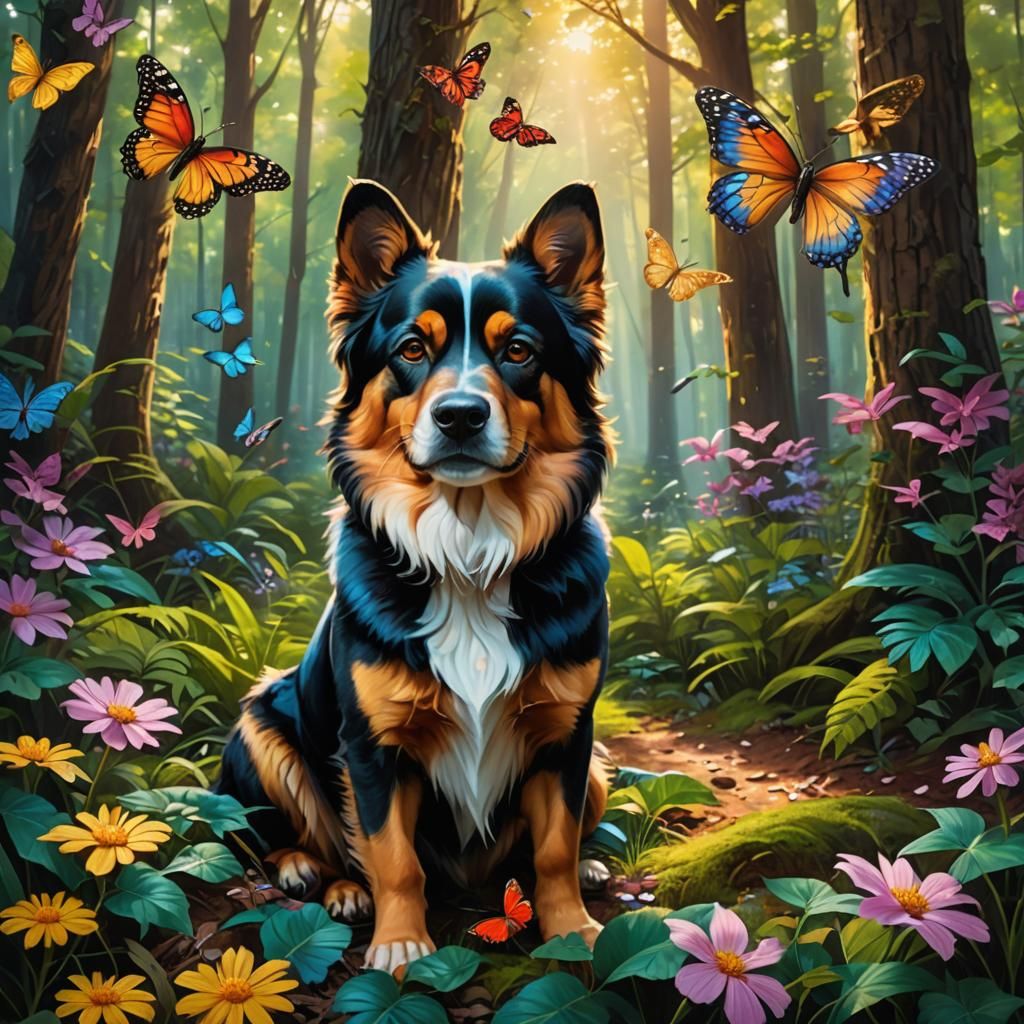 Butterfly and Dog in Forest: Oil Painting