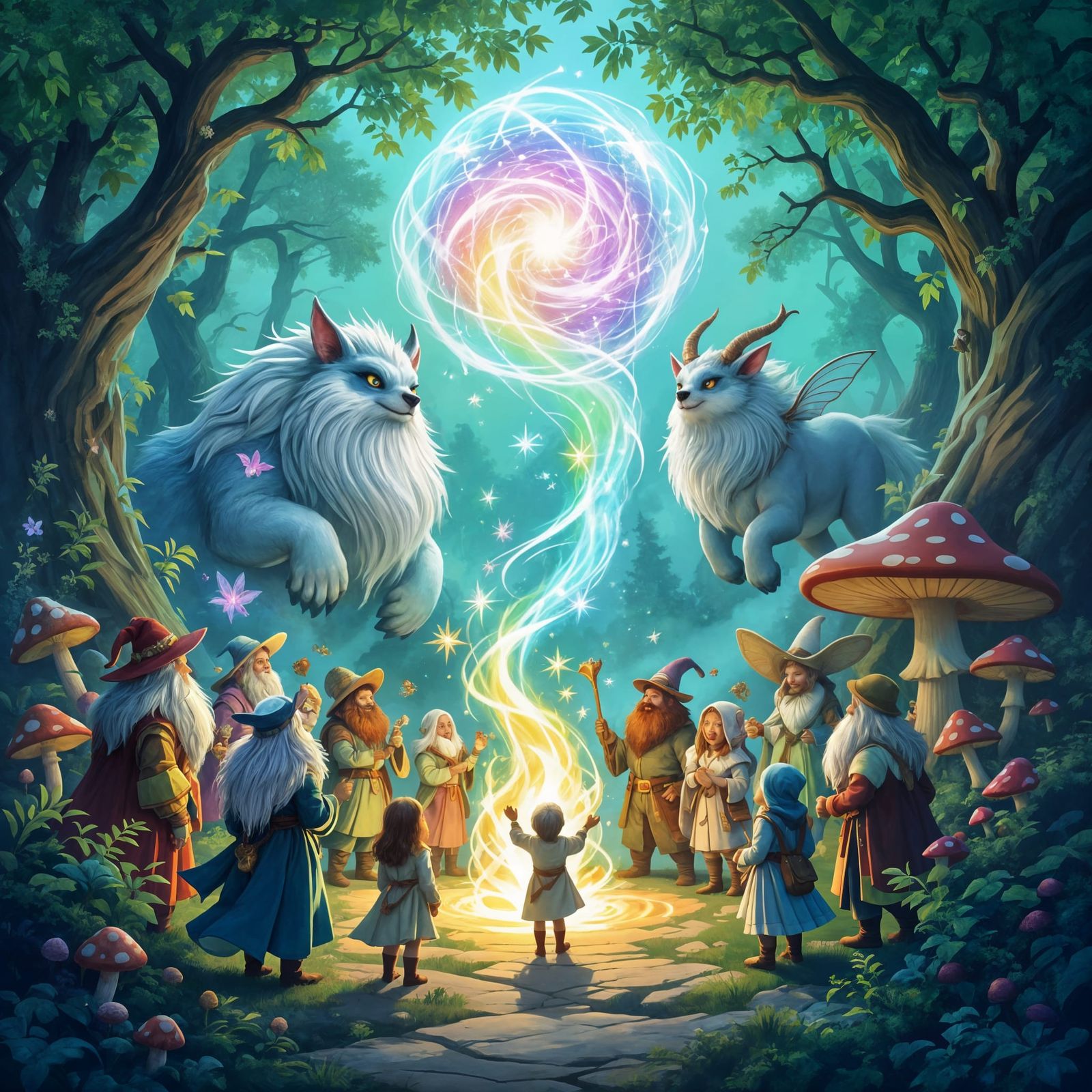 Magical Forest Gathering of Friendly Beasts and Mana Energy