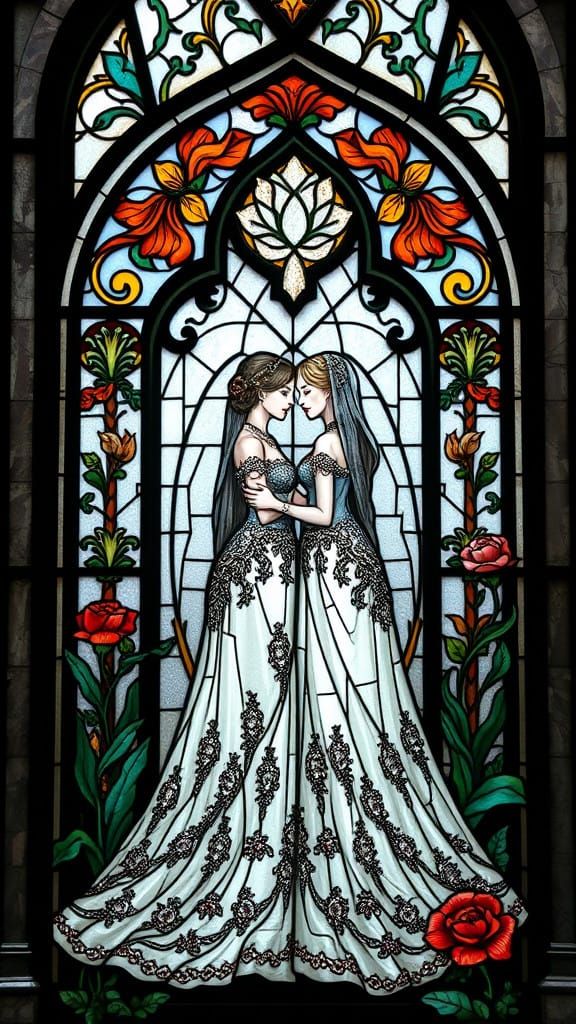 Elegant Art Deco Stained-Glass Church Window Depicting Two B...