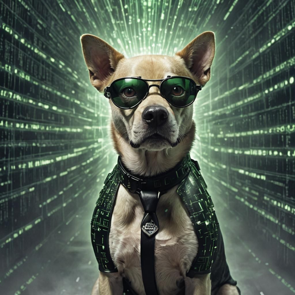 A human-dog-creature fusion with  Mr. Smith of Matrix, sungl...