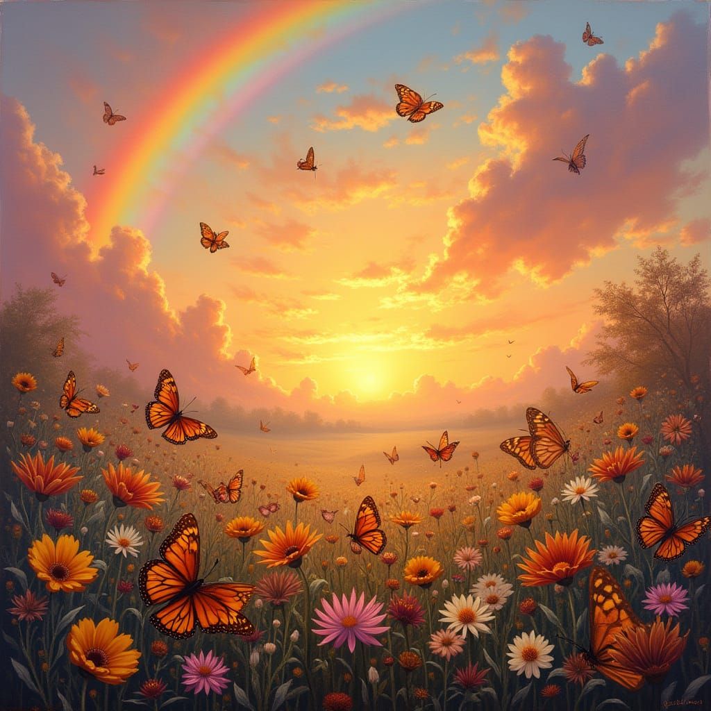 Whimsical Sunset with Rainbow and Butterflies in a Dreamlike...