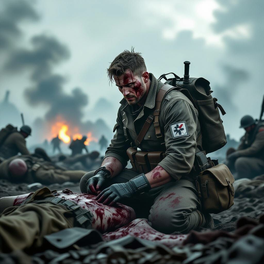 Dieselpunk Medic on War-Torn Battlefield in Cinematic Style