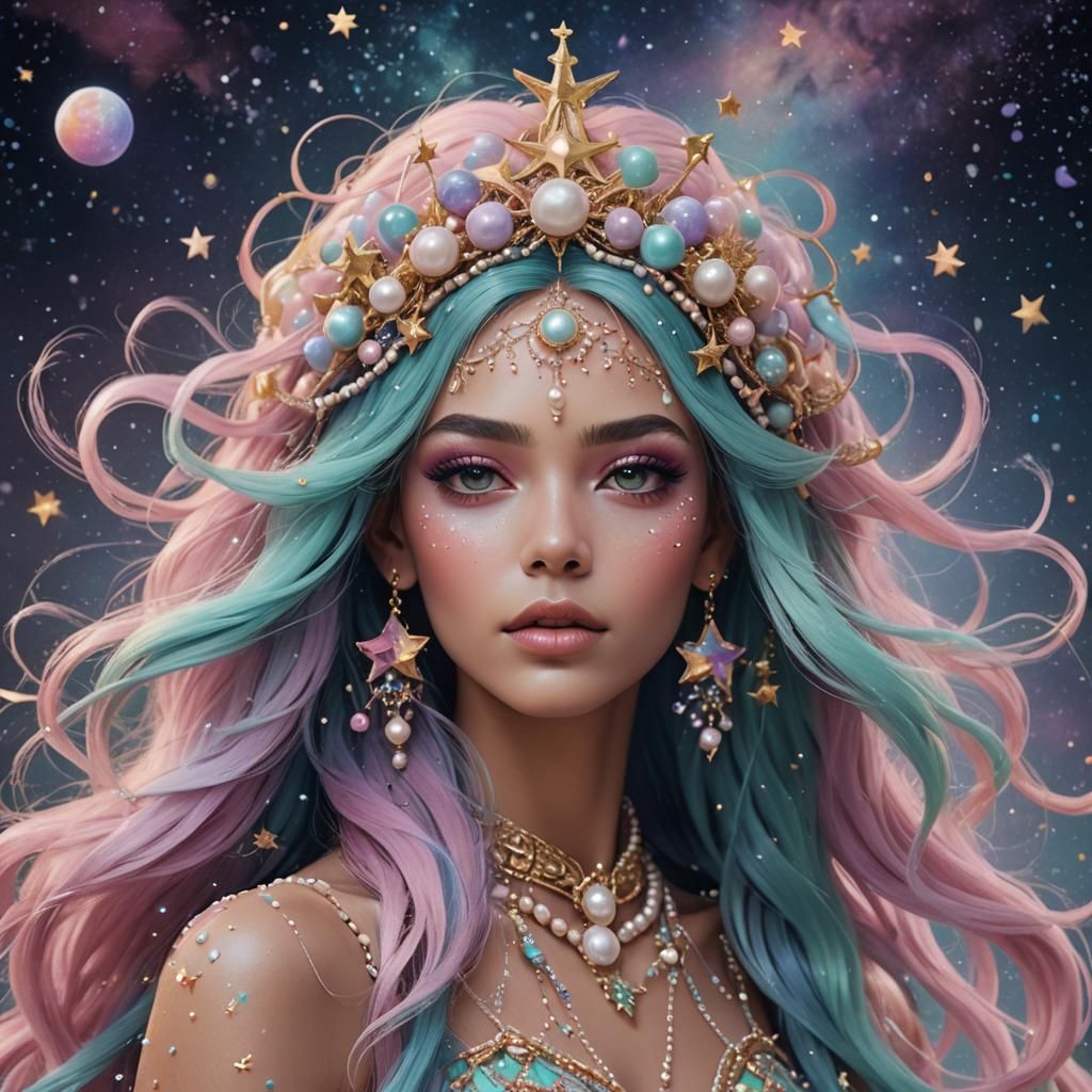 Pastel Woman with Star Hair, Fantasy Concept Art