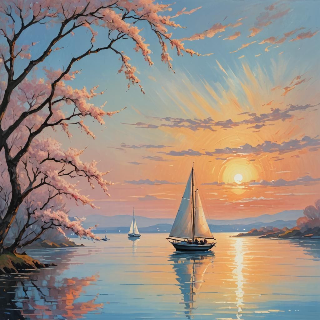 Impressionist Sailboat at Sunset with Cherry Trees