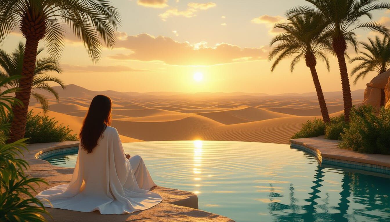Serene Oasis Scene at Sunset in Hyperrealism