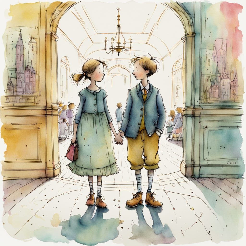 Whimsical Portrait of Children Dancing in Golden Ballroom