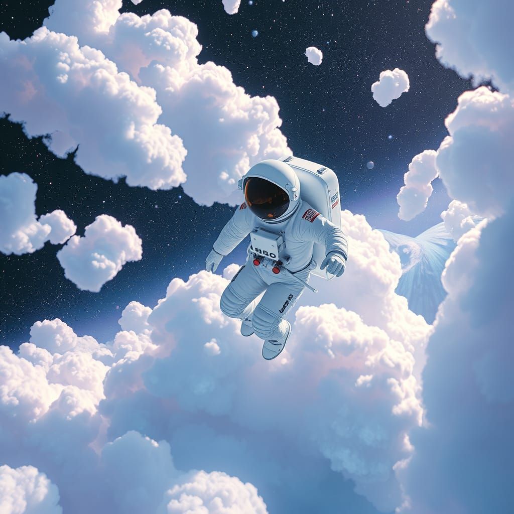 Ethereal Astronaut Drifts Among Stars and Clouds