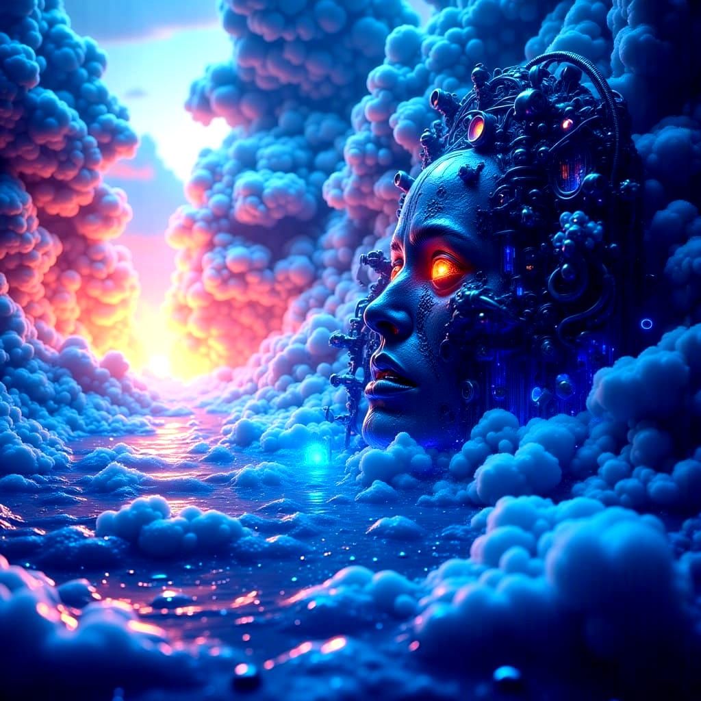Surreal Mechanical Cosmic Landscape with Luminous Clouds