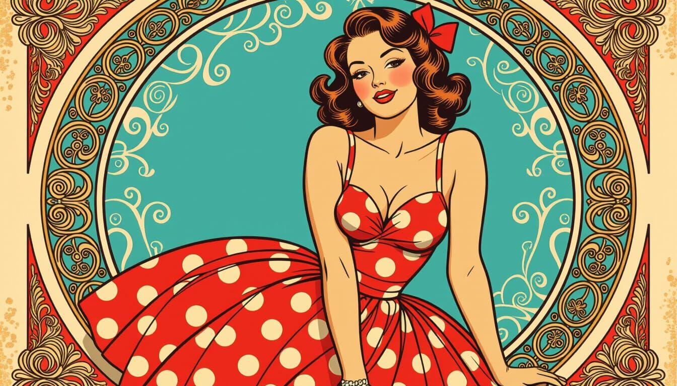Pinup Girl in Polka Dots, Mucha-Inspired Illustration