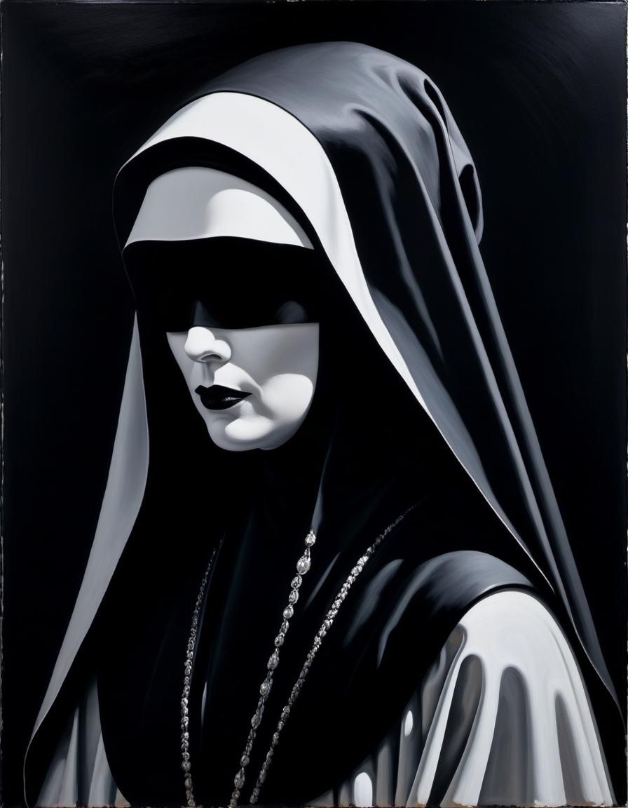 Nun in Darkened Room, Painted in Monochromatic Black Impasto
