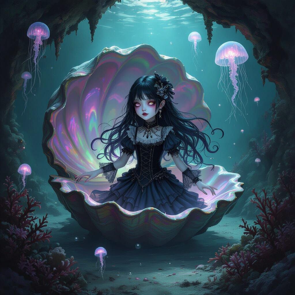 Gothic Girl Emerges from Seashell in Cavern