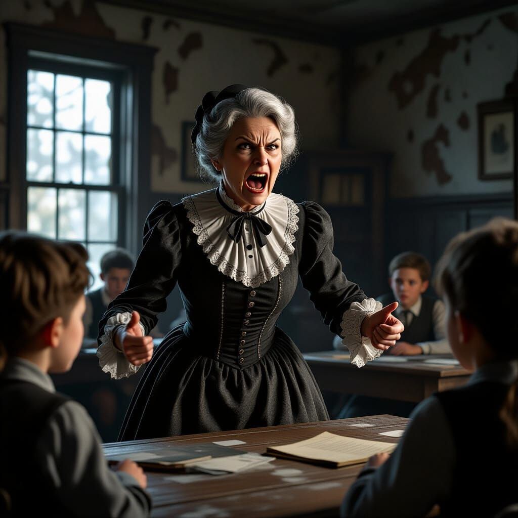 Victorian Teacher Scolds Students: Cinematic 3D Render