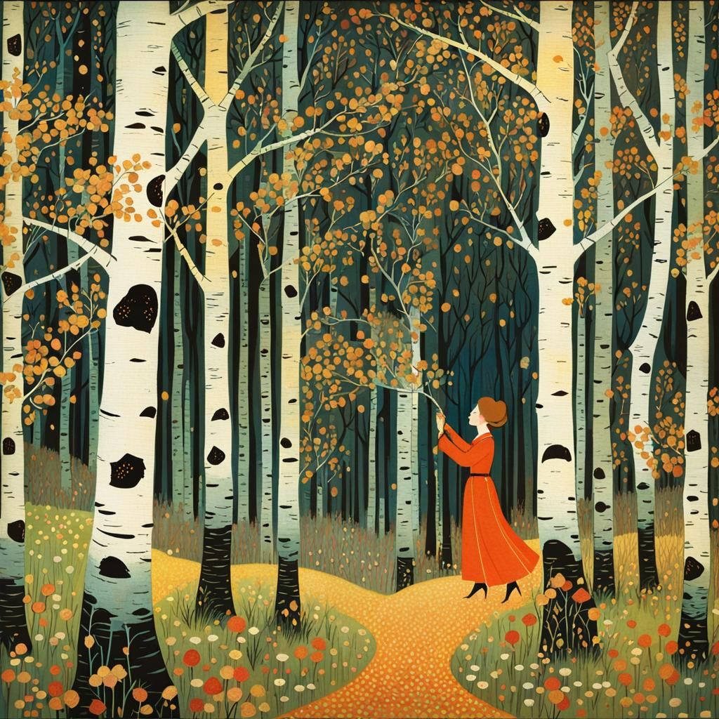 Girl in Birch Forest: Expressive Illustration