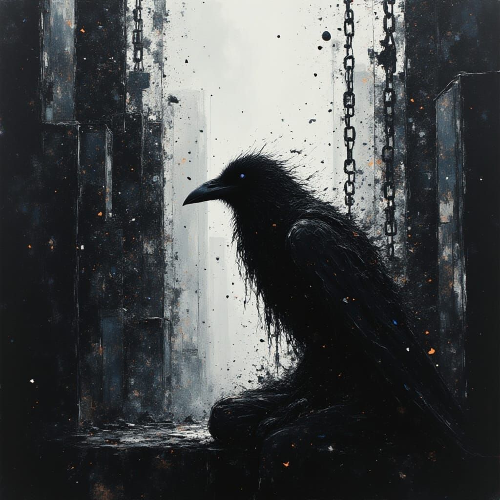 Raven Silhouette in Dreamlike Cityscape, Abstract Expression...