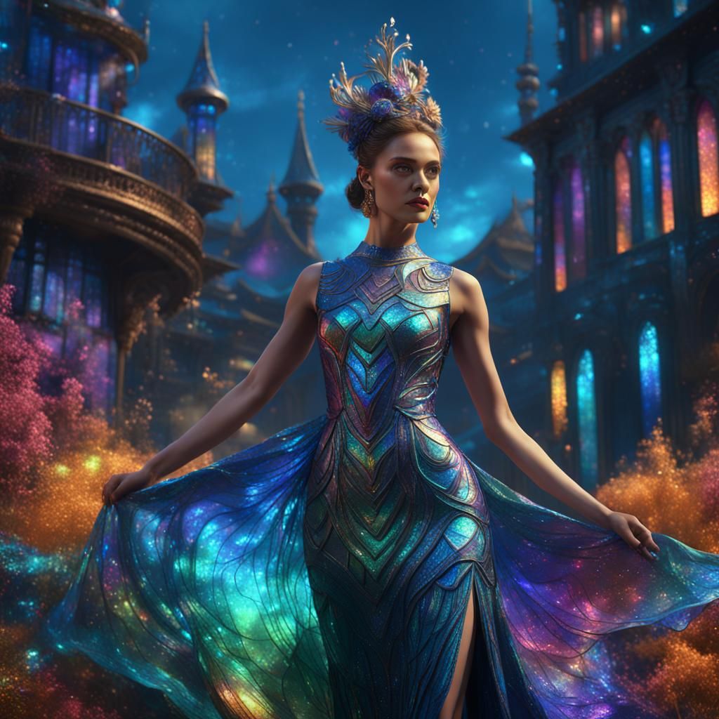 A woman in an iridescent dress