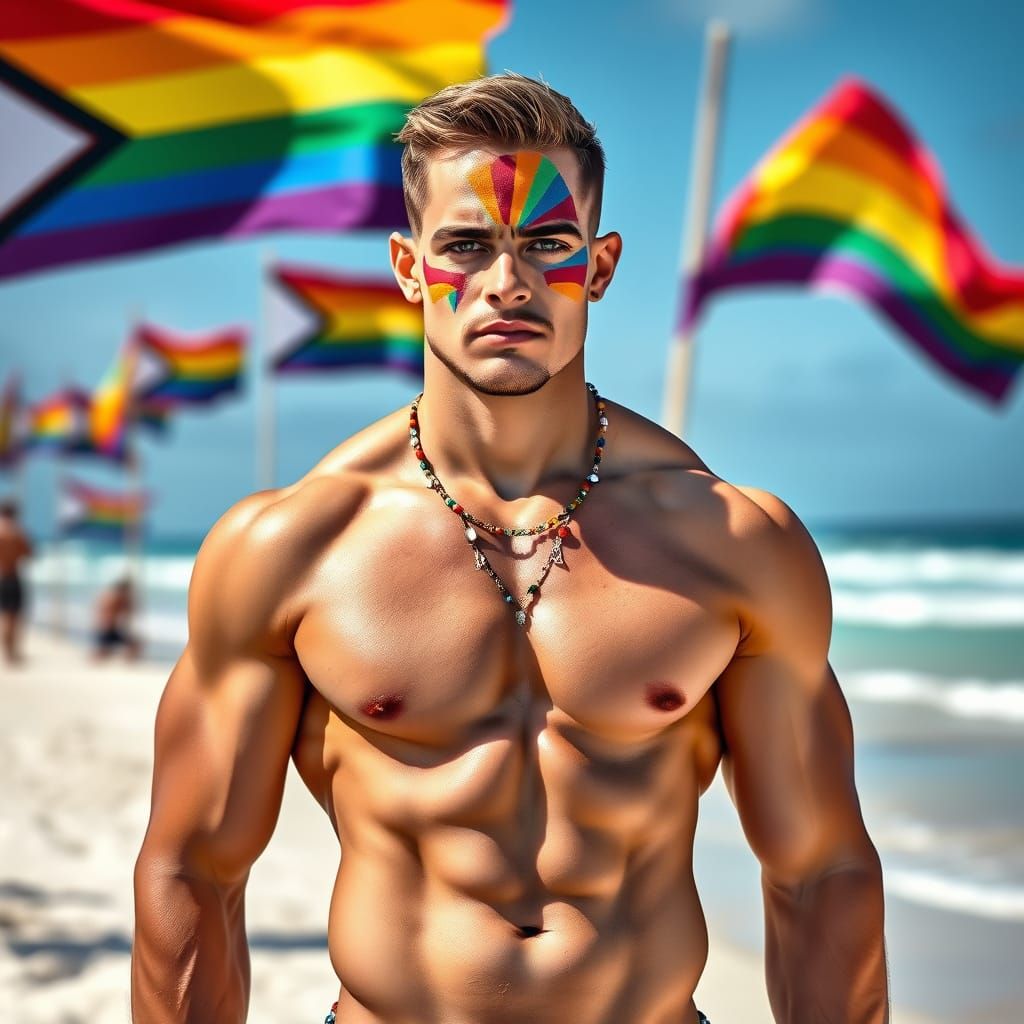 Prideful Man on Beach with Vibrant Colors