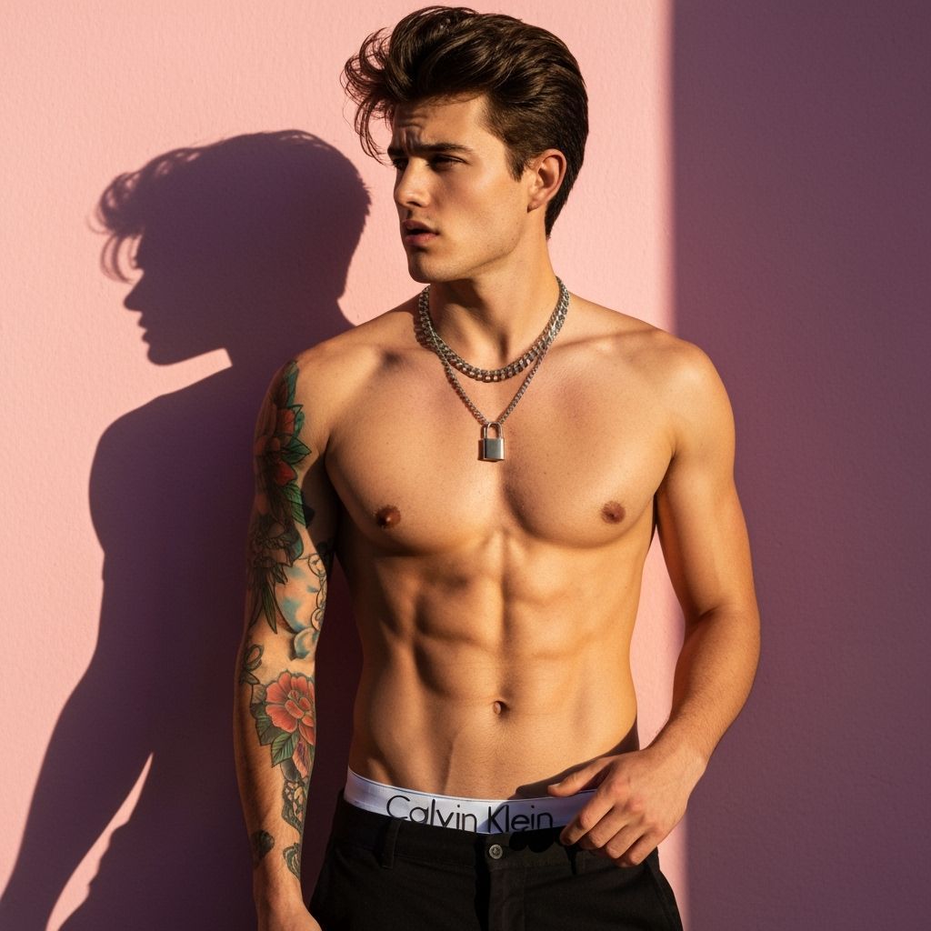Shirtless Man in Sunlight Against Pink Wall