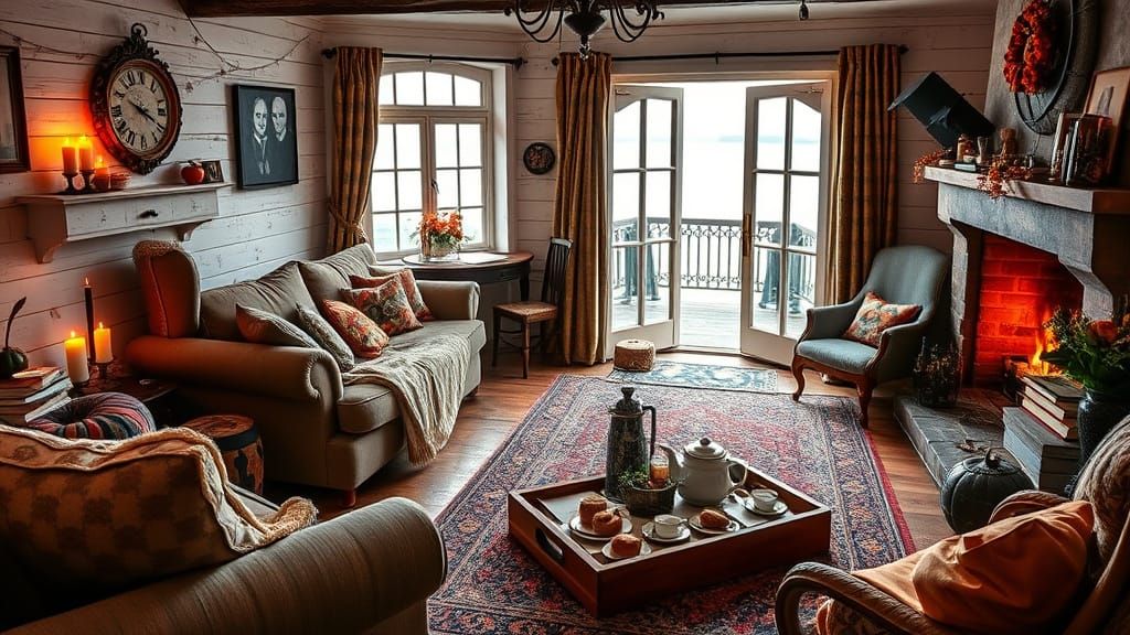 Cozy Halloween Cottage Living Room with Sea View