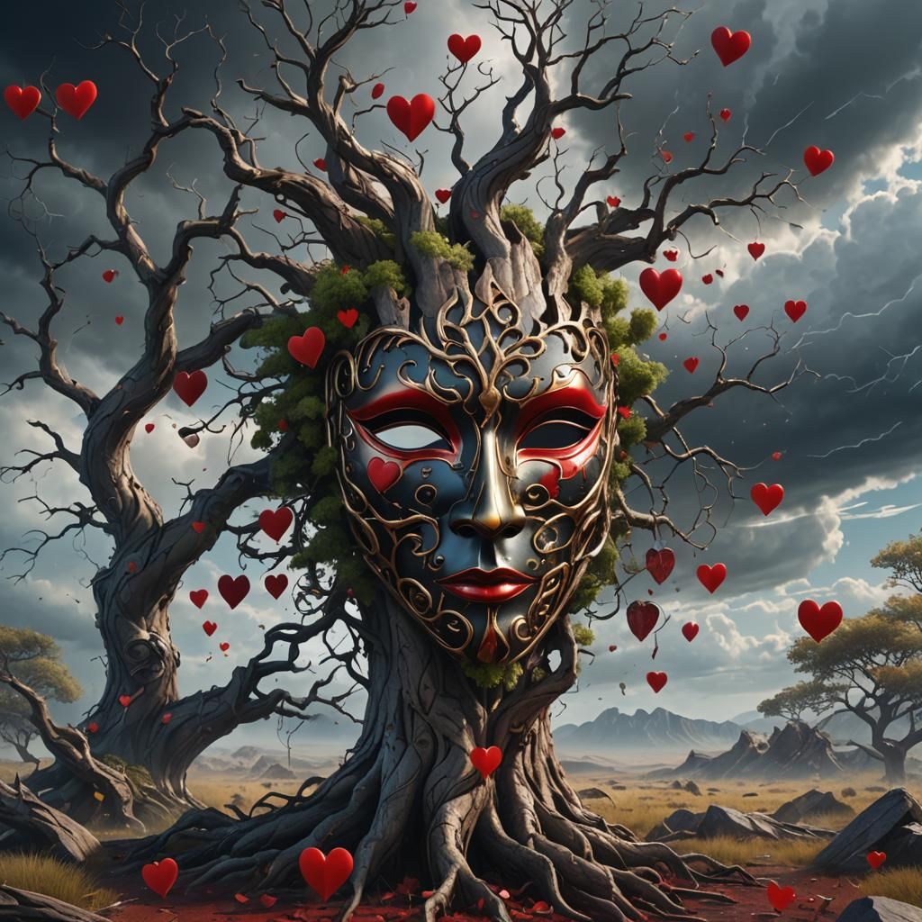 Mask and Tree Fusion in Surreal Landscape